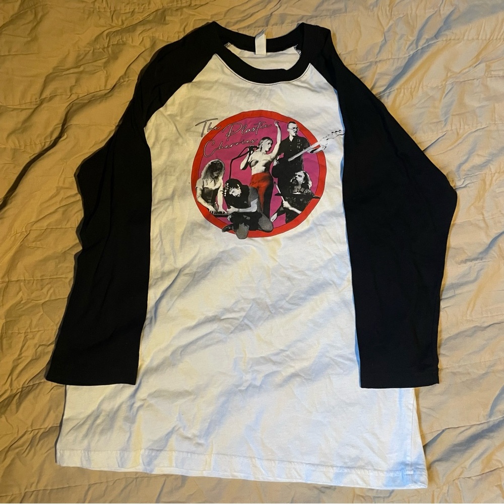 Men’s White and Black The Plastic Cherries Band Raglan Tee